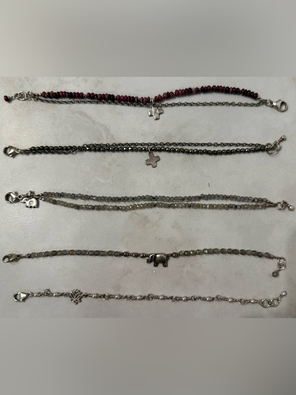 Boho Gemstone & Silver-Tone Bracelet Lot - Cross, Elephant, Lotus